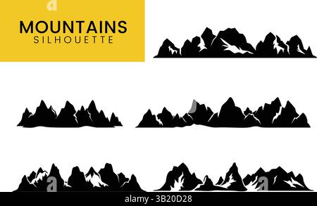 Mountain Range Silhouette Vector Set: Jagged Peaks and Scenic Landscape Outlines for Nature Design Stock Vector