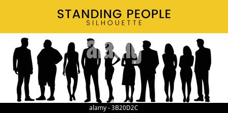 Standing People Silhouette Vector: Diverse Adult Group Outline for Business and Social Concepts Stock Vector