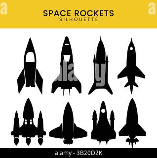 Collection of Space Rocket Silhouette Icons Set: Diverse Spacecraft Vector Illustrations for Science, Technology, and Futuristic Design Projects Stock Vector