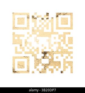 QR code with golden foil texture. Elegant square pattern for digital access, payment, mobile scanning, label, tag, binary sign, internet sharing, tech Stock Photo