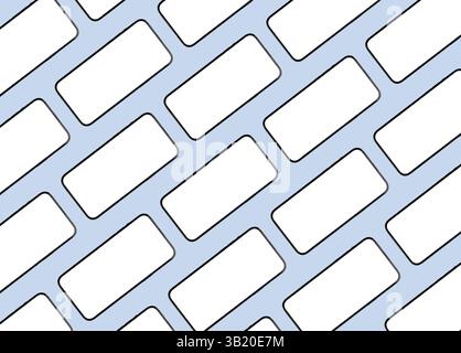 Phone mockup with multiple mobile screens arranged in a diagonal line, displaying clean, empty frames. Repeating pattern of blank smartphone displays, Stock Photo