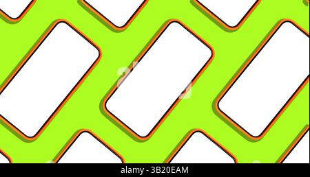 Phone mockup with bright, clean screens, arranged in a repeating pattern. Blank, empty displays on smartphones and gadgets, showcasing modern technolo Stock Photo