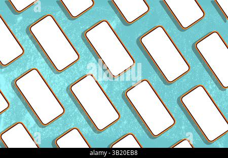 Phone mockup arranged in a repeating pattern, with blank screens floating on a blue, sunny pool surface. Clean, minimal design with light and shadow e Stock Photo