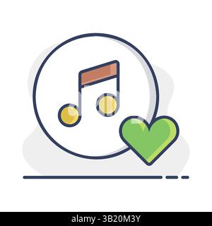 Musical note isolated icon and favorite, like, love, care symbol. Like music icon. Musical note icon, music icon with heart sign. Stock Vector