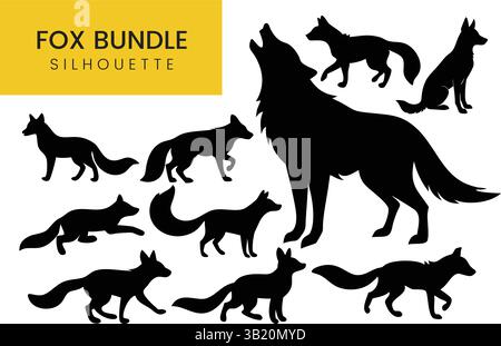 Fox Silhouettes in Different Poses Wild Animal Collection Vector Graphics Illustrations Stock Vector