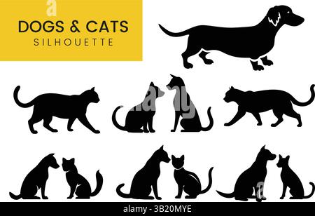 Dog and Cat Silhouettes Set in Different Poses Pet Animal Collection Vector Graphics Illustrations Stock Vector