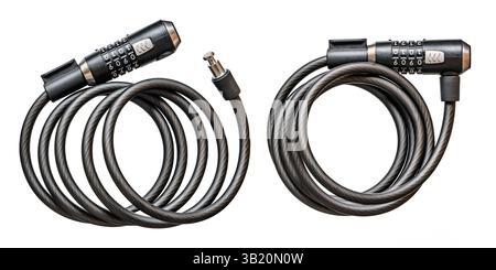 Cable lock with combination dial for securing bicycles, scooters, or unicycles, displayed on a transparent background Stock Photo
