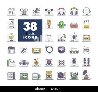 Multimedia devices and symbols isolated icons set. Graph symbol for music and sound web site and apps design, logo, app, UI Stock Vector