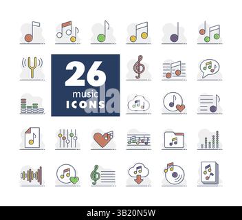 Music notes flat vector isolated icons set. Graph symbol for music and sound web site and apps design, logo, app, UI Stock Vector