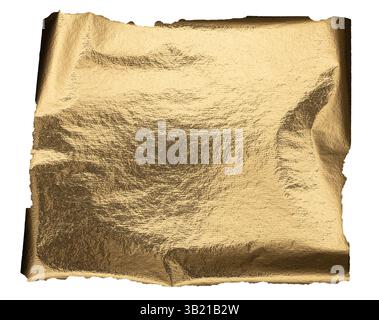 A shiny, golden foil with a reflective, crumpled texture and a bright, pearlescent glow. The uneven, ragged edge creates an abstract, decorative frame Stock Photo