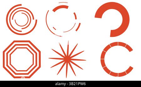 Six distinct geometric shapes, all in a bold orange color. Stock Vector