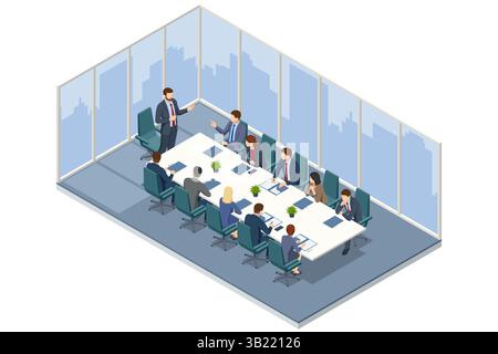 Isometric scene of people analyzing business charts and graphs on a flipchart during a strategy discussion. Flipchart with Business Profit Graphs and Stock Vector