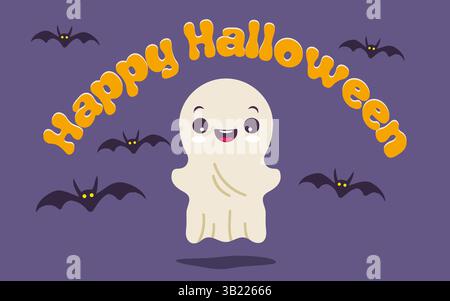 Vector illustration of children in costumes for Halloween. Illustrations with cute kid in Halloween monsters costumes. Ghost and bats. Stock Vector