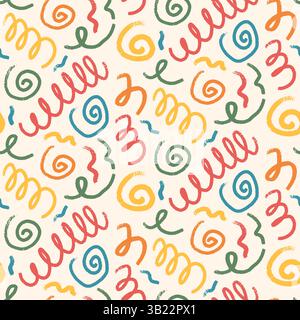 Birthday party seamless pattern template. Spirals and swoosh lines geometric party background. Fun confetti repeat covering. Surface pattern design ki Stock Vector