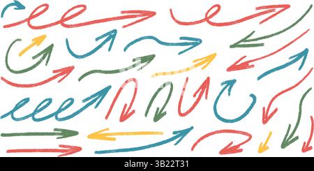 Arrows multi colors hand drawn set. Crayon straight and curved thin pointers doodle elements set. Freehand arrow by markers. Vector illustration by pe Stock Vector