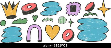 Abstract y2k shapes and text boxes crayon drawn set. Naive doodle tag figures on white background. Callouts frames geometric forms elements. Vector il Stock Vector