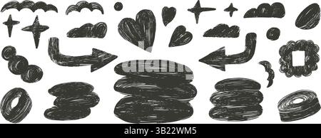 Abstract shapes and text boxes charcoal drawn set. Naive doodle figures on white background. Callouts frames geometric forms elements. Vector silhouet Stock Vector