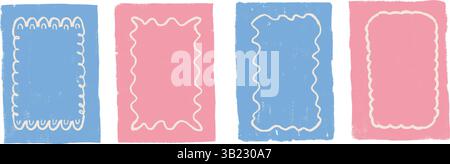 Scallop rectangle frames hand drawn by pencil set. Wavy freehand borders by crayon for invitation background. Y2k decorative callouts elements. Vector Stock Vector