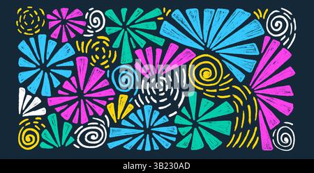 Firework drawing by crayon set. Colorful night party firecrackers and splashes in scribble doodle style isolated on dark background. Carnival decorati Stock Vector