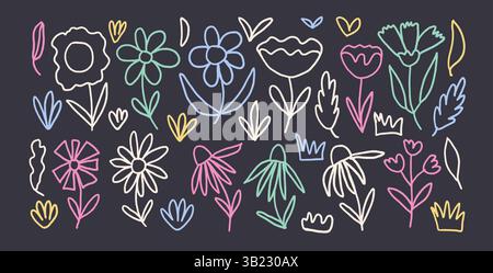 Flowers hand drawn line art set. Naive floral chalk doodle isolated on dark background. Daisy, poppy, gras s, leaves sketch elements. Vector childish Stock Vector