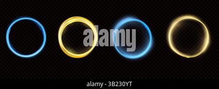 Ring halo light collection. Circle blue and golden neon light flare set. Circular glow portal effect. Realistic vector round frames on dark background Stock Vector