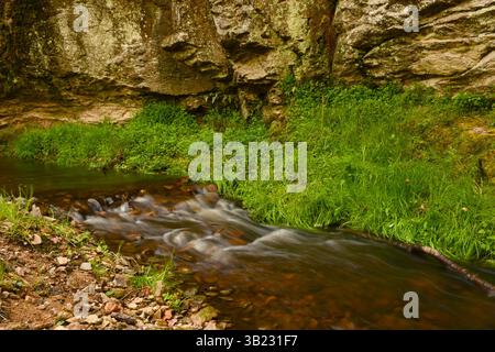 Small stream flowing past rocks and green grass. Stock Photo
