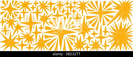 Crayon golden sparkle stars set. Space shine shapes and blings doodle pack. Comets and blinking on night sky. Vector hand drawn twinkles by pencil or Stock Vector