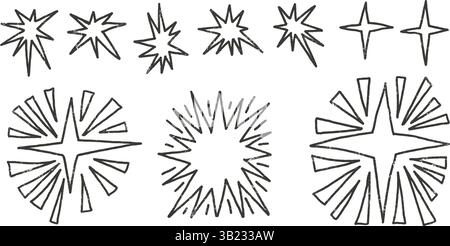 Twinkles outline charcoal set. Spark stars sketch. Space shine shapes and blings doodle pack. Comets and blinking. Vector hand drawn black pencil draw Stock Vector
