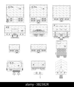 A series of drawings of buildings with a white background. The drawings are of different sizes and styles, but all have a similar theme of architectur Stock Vector
