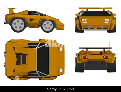 A cartoon car with a yellow body and a black roof. The car is shown from the front, back, and side Stock Vector