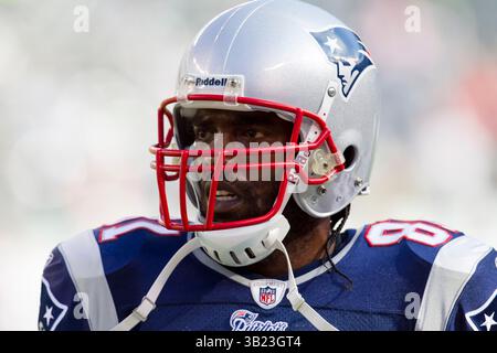 New England Patriots receiver Randy Moss (81) looks on from