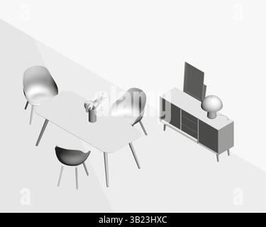 A room with a table and chairs, and a lamp. The table is a long rectangular one, and the chairs are small. The room is empty, and the lamp is on the r Stock Vector