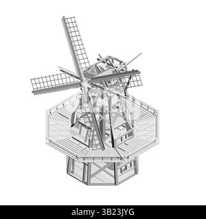 A windmill is depicted in a white and black color scheme. The windmill is tall and has a wooden structure. The image has a vintage feel to it, and the Stock Vector