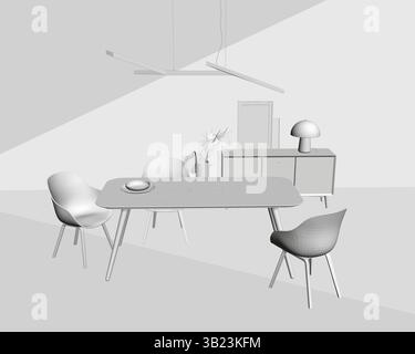 A white room with a table and chairs. The table is in the middle of the room and has a vase on it. There are two chairs on either side of the table Stock Vector