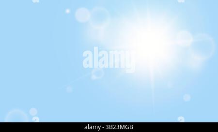 Sun light with lens flare effect on blue sky. Realistic vector illustration for summer background. Stock Vector