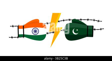 India vs Pakistan Conflict Concept, Boxing Gloves with Barbed Wire and Lightning Bolt Illustration Stock Vector