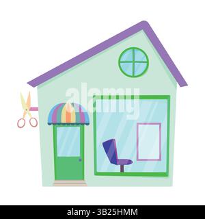 Barber shop building with big window. Scissors on wall as barber shop advertisement. Vector illustration. Stock Vector