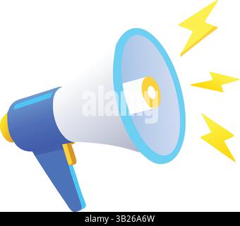 3D Blue Megaphone with Lightning Bolts – Social Media Promotion & Marketing Icon Stock Vector