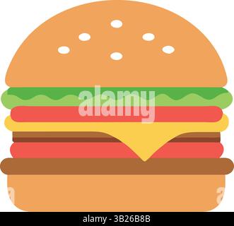 Vector, icon of cheeseburger with lettuce, tomato, and sesame bun Stock Vector