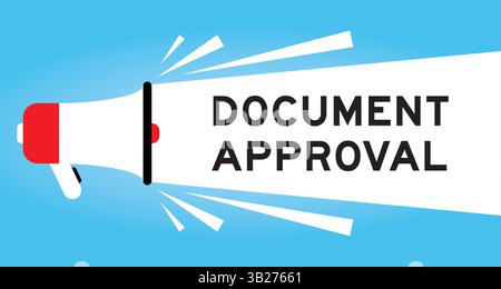 Color megaphone icon with word document approval in white banner on blue background Stock Vector