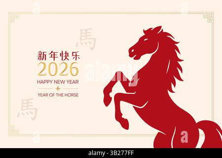 Dynamic red rearing horse artwork on beige background celebrating 2026 Chinese New Year, symbolizing power and fortune. Stock Vector