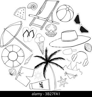 Sea beach essentials circle round composition. Vector graphic line ink illustration. Banner, poster, wrapping paper, sticker, print, modern textile de Stock Vector