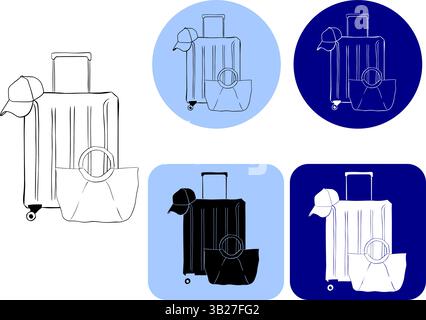 Travel bag, suitcase, cap composition logo isolated on colored background. Vector graphic line ink illustration. for package, vacation design, fabric Stock Vector