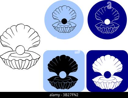 Seashell with pearl logo graphic vector ink line icon. shell and ocean animals, open seashell vector icon. Banner, poster, wrapping paper, sticker, Stock Vector
