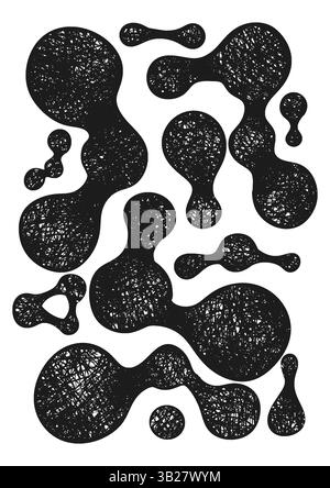 Metaball shapes figures drawn by a crayon. Abstract metaball connected dots, connected round blobs textures vector illustration set. Liquid molecule Stock Vector