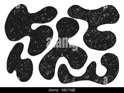 Set of fluid abstract blob shapes with drawn with crayon. Various bubbles, organic irregular shapes with pencil texture. Vector illustration Stock Vector