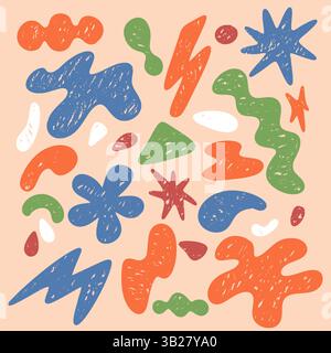 Color abstract geometric shapes and icons drawn with crayon. Doodle paint shapes with chalk hand drawn elements. Vector illustration Stock Vector