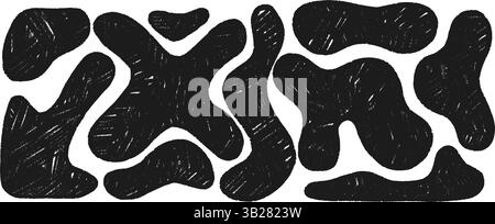 Set of black organic liquid shapes and fluid forms drawn by a crayon. Various bubbles, organic irregular shapes with pencil texture. Vector Stock Vector