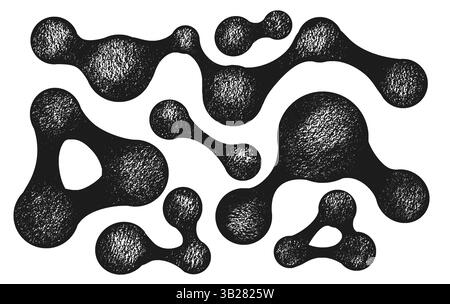 Black abstract liquid metaball shapes drawn by a crayon. Organic decorative sphere geometric form with pencil texture. Morphing ball drop or molecule Stock Vector