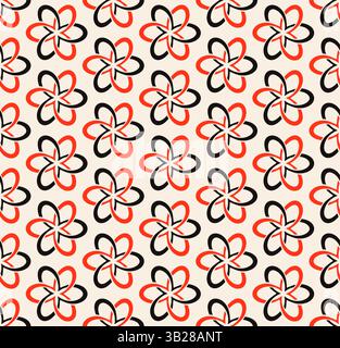 Black red geometric flowers, interwined circles seamless pattern on beige background. Repeating beige pattern. Stock Vector